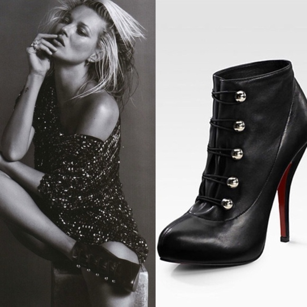 Louboutin Black Leather Fifre Corset Button Ankle Booties 37. Heel is 5”